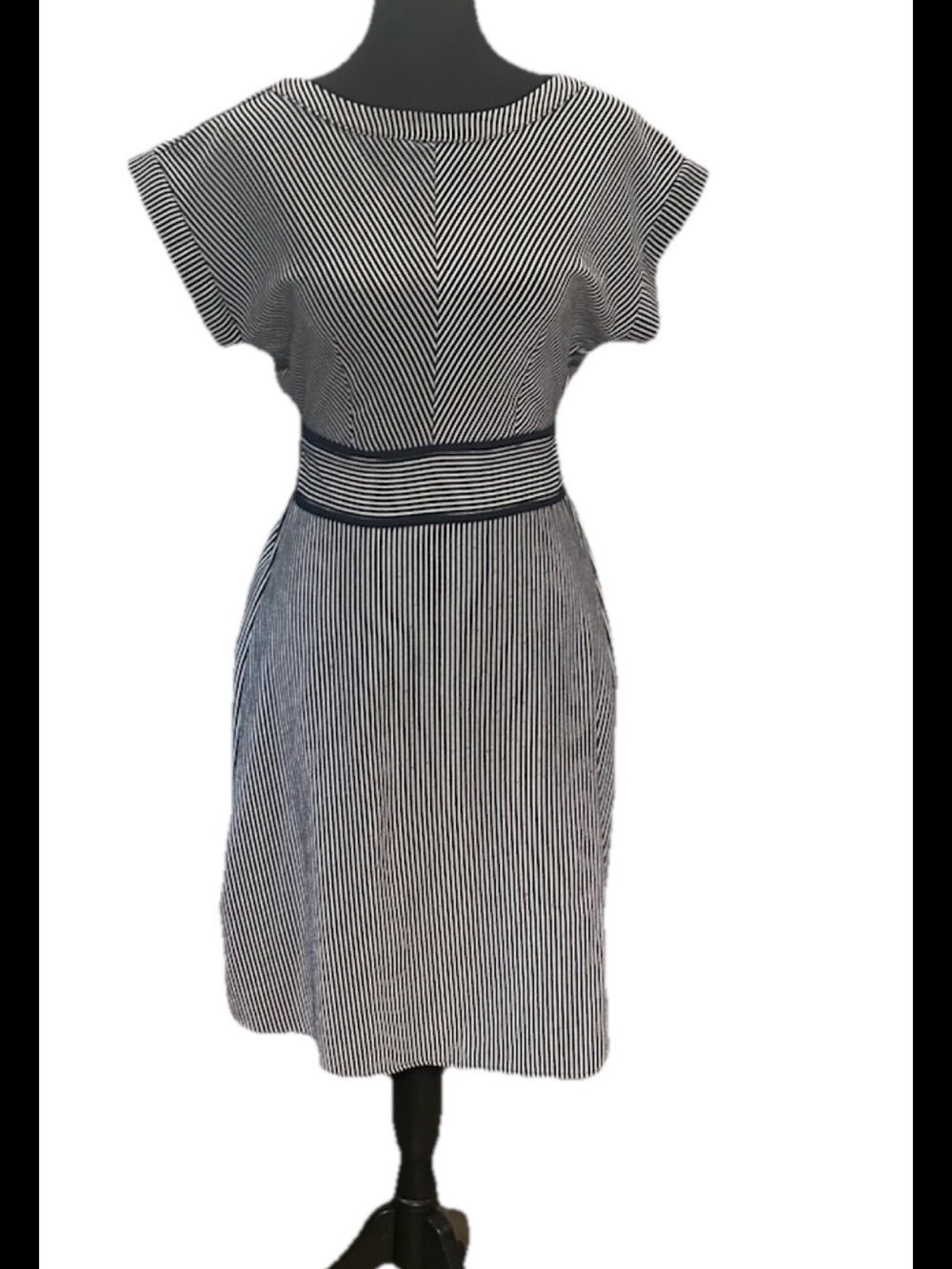 Monteau Blue White Striped Belted Round Neck Short Sleeve Knee Length Dress S